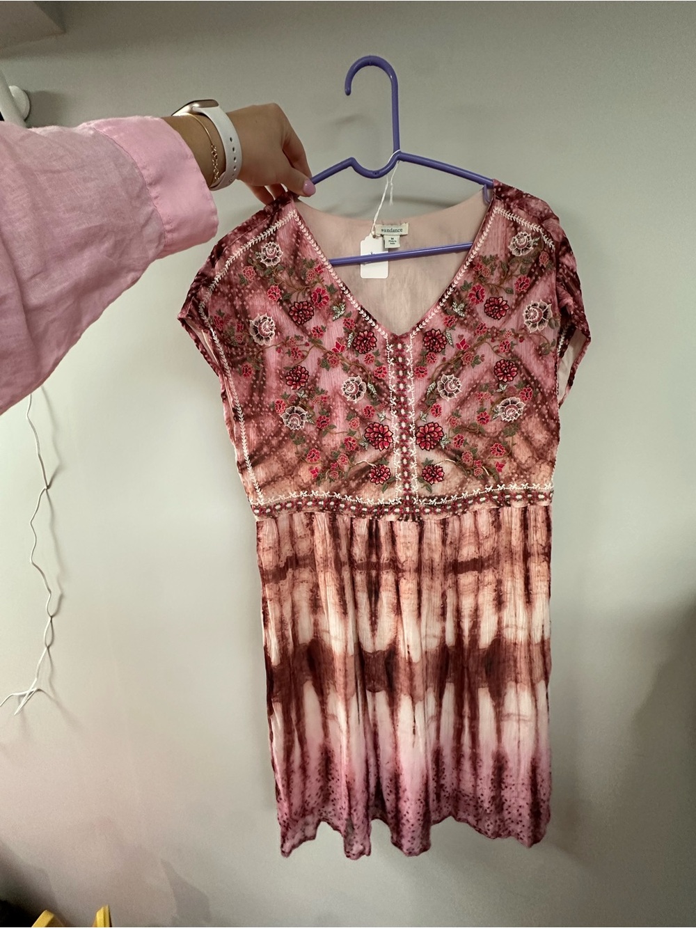 Sundance Pink and White Tie Die with Floral Embroidered Dress